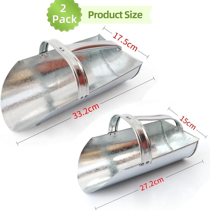 Feed Scoop for Livestock - Metal Feed Grain Scoop for Livestock, Heavy Duty Stackable Feed Scoop with Enclosed Handle for Gardening Farms, Chicken, Livestock, Bird, Farm Animal, 2 Pack, 2 Size