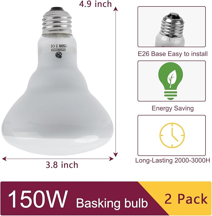 150W Reptile Heat Lamp Bulb 2 Pack,Basking Spot Lamp Bulb for Reptiles & Amphibians，Reptile Daylight Heat Bulb for Bearded Dragon, Lizard, Turtle
