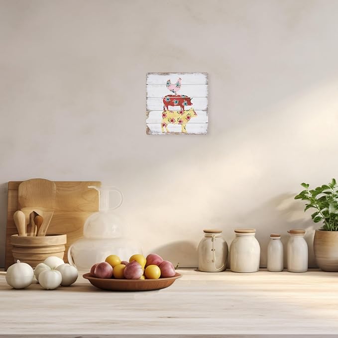 Farm Animal Decor Farmhouse Kitchen Wall Decor Farm Bathroom Decorations Chicken Pig Cow Prints For Garden Yard Home 8×8 Inches Tin Sign