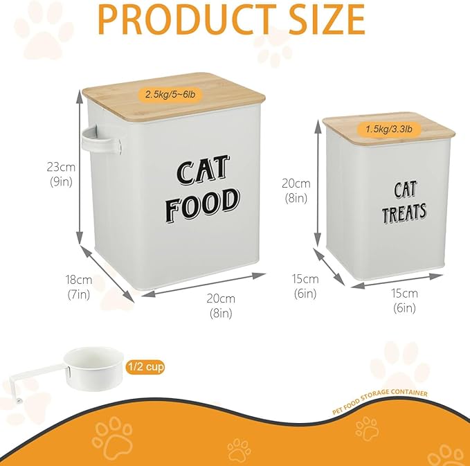 Pethiy Cat Food and Treats Containers Set with Scoop for Cats or Dogs -Tight Fitting Wood Lids - Coated Carbon Steel - Storage Canister Tins-Cat-White