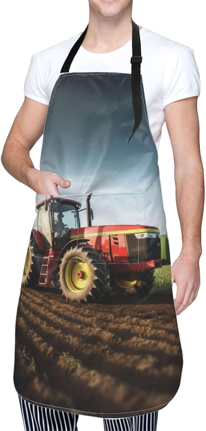 Tractor farm Cooking Aprons for Women Men Waterproof Bib Apron with Pockets Adjustable Kitchen Chef Apron
