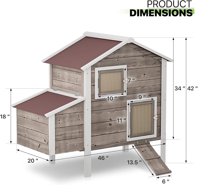 Magshion 46" Large Chicken Coop Rabbit Hutch with 2 Nesting Box, Wooden Raised Hen House with Removable Trays, Outdoor Poultry Cage Pet House with Ramp Run Hen Cage for Garden Backyard