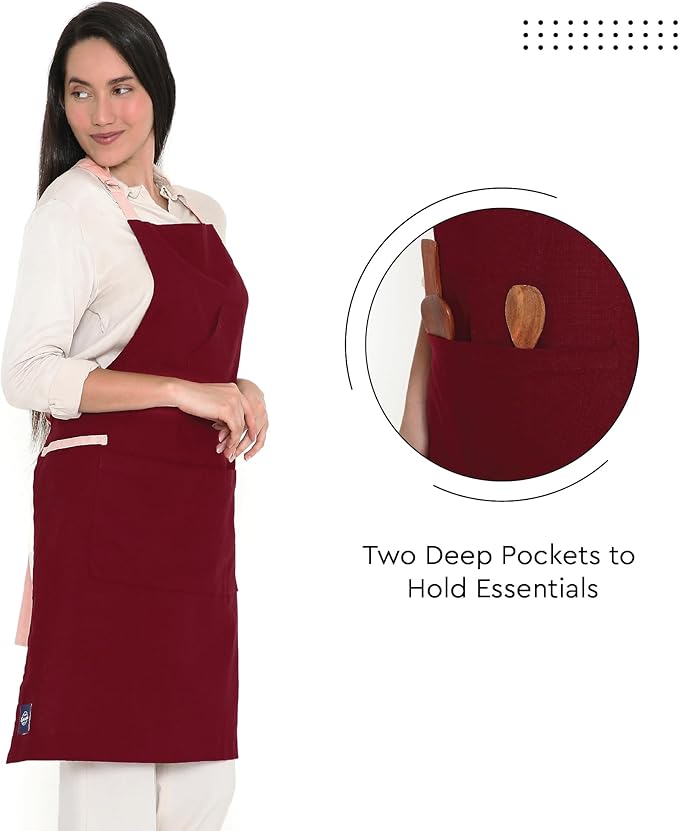 Encasa XO Adjustable Kitchen Cotton Apron With Pockets & Towel Holder Of Size 27x33 in (Maroon) for Men & Women Chefs For Cooking & Baking in Home, Restaurants & Barbeque
