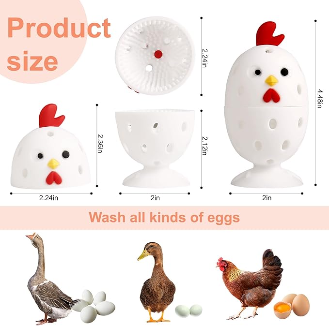 4PCS Egg Wash Brush Silicone Cleaning Brush for Fresh Eggs, Reusable Egg Cleaner Rotating Scrubber for Fruits, Vegetables, Chick Shaped Egg Washer Tool (White)