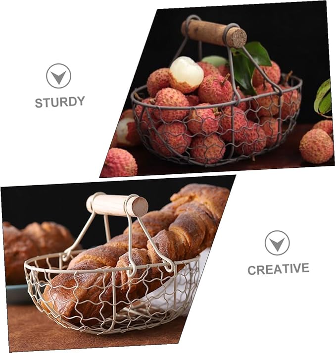 SUPVOX 2pcs Vintage Rustic Iron Wire Fruit Basket with Wooden Handle, Egg and Bread Storage Set for Kitchen Counter, Decorative Farmhouse Style Small Wire Baskets in Dark Gray and Cream