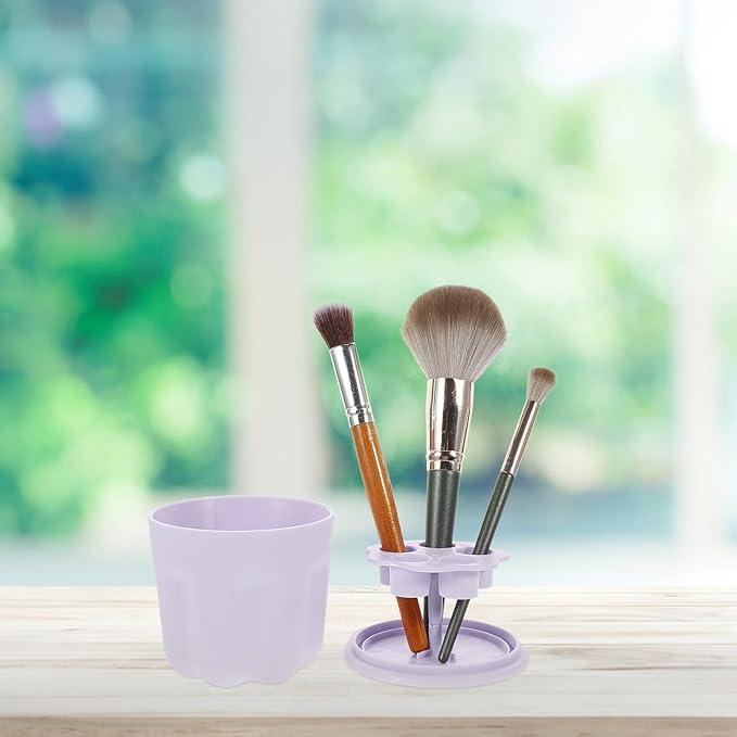 Brush Cleaning Box and Pad Set Purple Pp Makeup Brush Washer Bowl with Silicone Storage Rack Portable