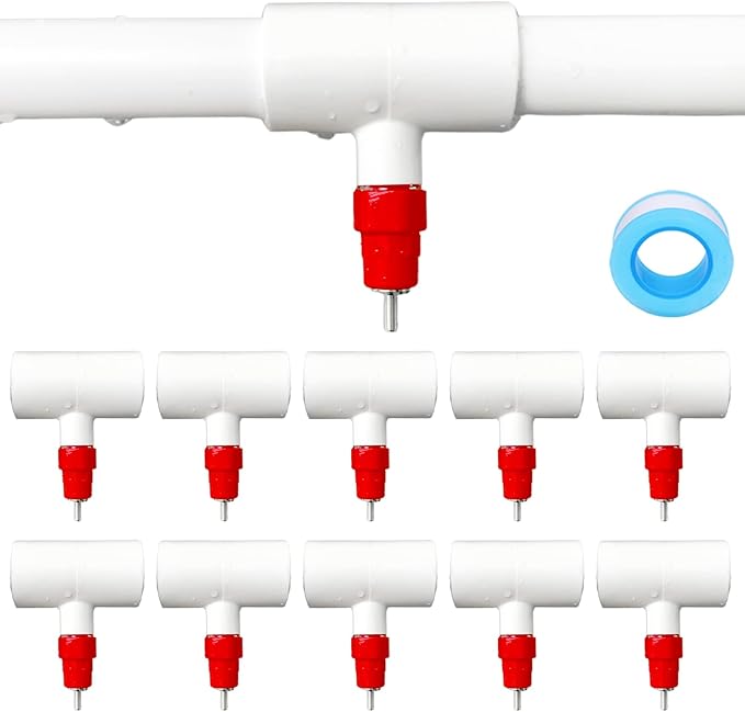 (10 Pack) Chicken Waterer Nipples + PVC Tee Fittings for 1/2" PVC Piping, Horizontal Poultry Nipples & Tees, DIY Chicken Watering System for Geese, Rabbits, Ducks