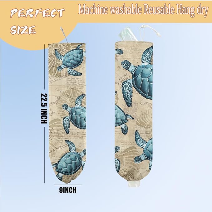 Sea Turtle Plastic Bag Holder, Wall Mount Grocery Bag Holder, Plastic Storage Bag, Sea Shell Storage Organizer Reusable Grocery Bags, Pull Rope Free Adjustment, Turtle Gifts for Women Mom Grandma