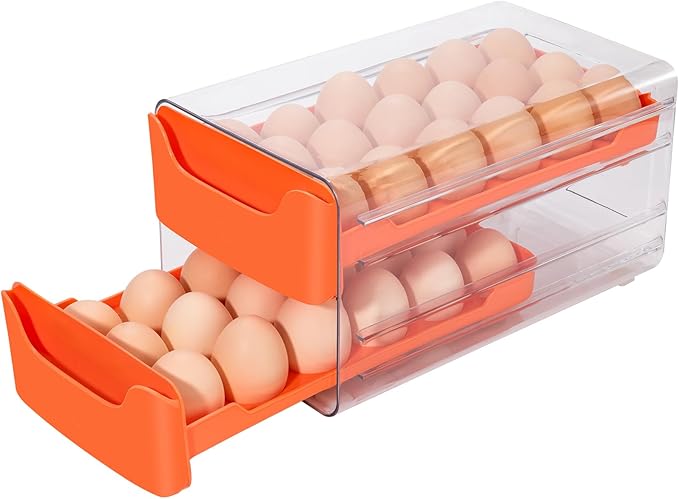 Egg Storage for Refrigerator, Egg Holder for Kitchen Countertop, PET & PP Egg Container for Fridge, Egg Dispenser for 36 Eggs, Double Layer, 18 Eggs per Layer (Orange)