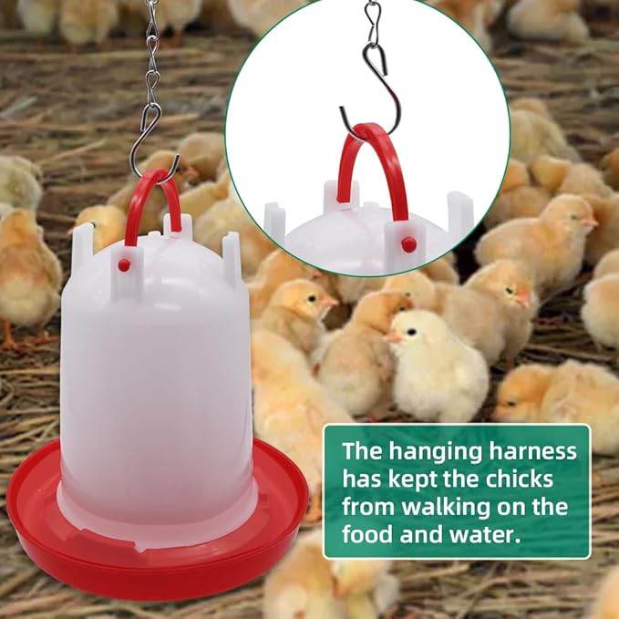 Chicken Feeder and Waterer Kit -1.5KG Poultry Chick Feeder and 1.5L Chicken Waterer with 2pcs “S” Hooks,Plastic Hanging Poultry Quail Feeder and Waterer Set for Coop