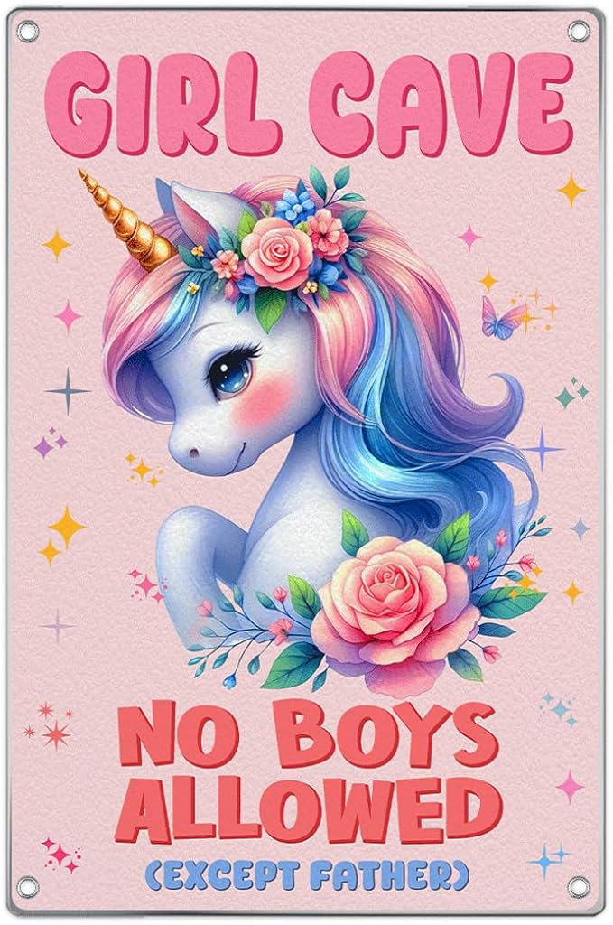 Girl Cave Metal Sign No Boys Allowed Except Father Pastel Wall Decor With Flowers Cute Bedroom And Playroom Decoration For Kids Lovers 8 x 12 Inch Outdoor Art