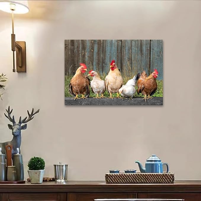Woxfcart Kitchen Chicken Decor Wall Art, Farmhouse Rustic Barn Animal Canvas Pictures with Wood Background for Bathroom Bedroom, 36 x 24 Inch