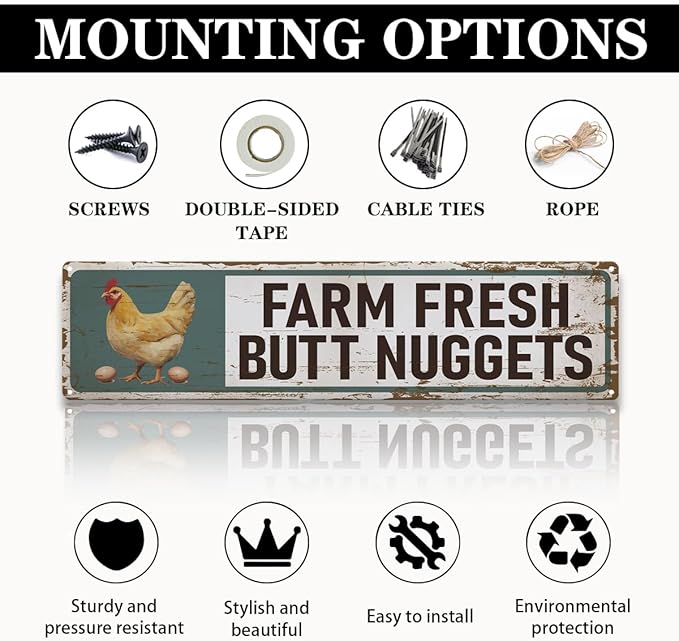 Farm Decor, Farm Fresh Butt Nuggets Sign, 15.8x4 inches, Chicken Metal Tin Signs, Retro Aluminum Sign for Home Garden Outdoor Yard Farmhouse, Vintage Wall Decor Art