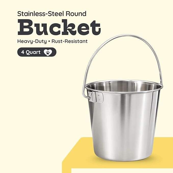 4 quart Heavy Duty Stainless Steel Round Bucket with Handle | 1 gal Durable Food & Water Bowl for Birds Dogs Cats Goat & Livestock | Fits kennel Crate Cage Farm | Hanging Utility Pet Pail