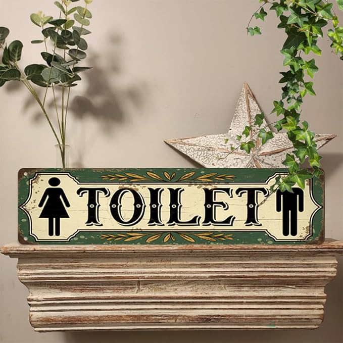Rustic Bathroom Theme Decorative Sign - ''Toilet'' Metal Sign, 16x4 Inch - Farmhouse Art Plaque Sign For Home, Restroom, Yard, Bar or Cafe, Office Hanging Decor, Retro Room Decor