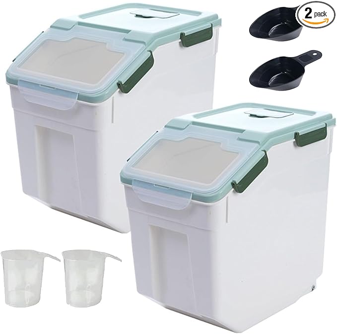 Large Flour Storage Container Bin 50lb, 2Pack Airtight Rice Storage Containers with Wheels Seal Locking Lid, BPA Free with Measuring Cup&Scoop for Flour, Rice, Grain(Green)