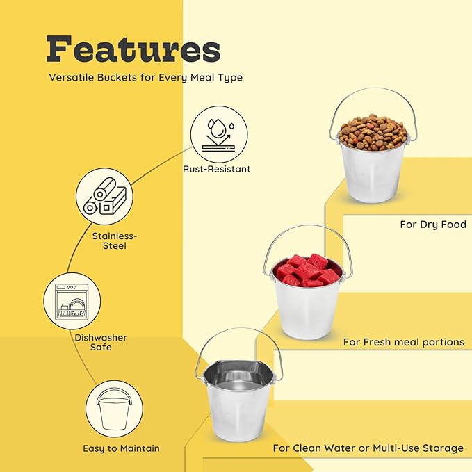 Flat Sided Stainless Steel Bucket 2 Quart Hanging Feeding Pail for Small Dogs Cats Birds, Fits Kennel Cages Compatible, Heavy Duty Food and Water Feeder, 0.5 Gallon Silver Buckets 2 Packs