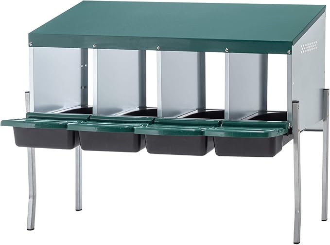 Chicken Nesting Box, 4 Compartment Roll Out Hens Nest Boxes with 4 Legs, Chicken Laying Box w/Lid Cover for Outdoor Chicken Coop Cages Farm Yard, Green (4 Holes w/Legs)