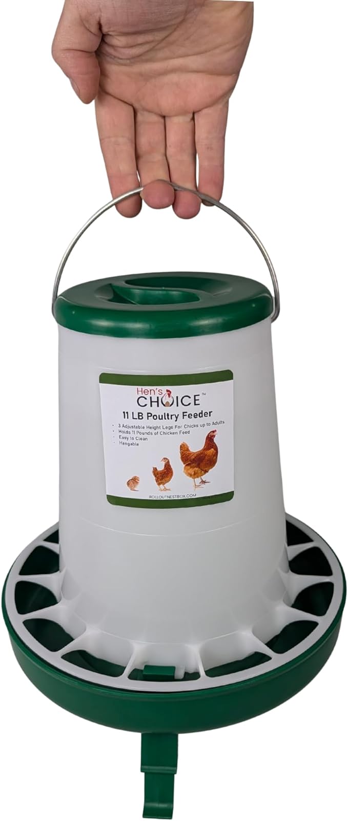 Hen's Choice 11 LB Poultry Feeder, Twist Lock Base, Adjustable Legs, Hangable with Lid (Green)