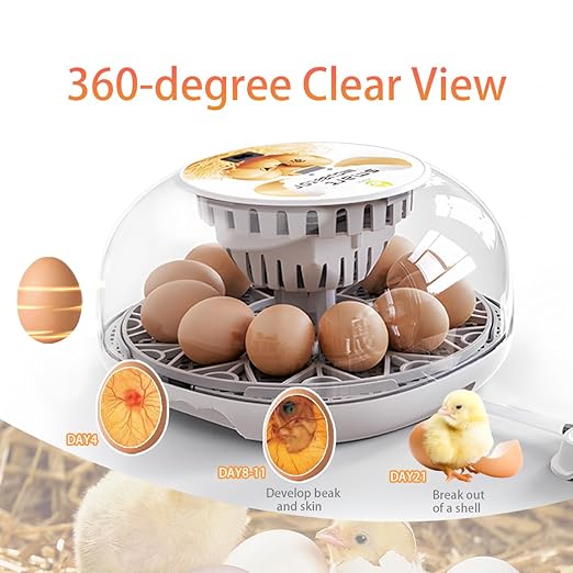 Incubators for Hatching Eggs Incubator with Automatic Egg Turning and Humidity Control, 360° Clear View, Poultry Incubator for Hatching Chicken, Duck, Quail, Pigeon, Goose Eggs (White)