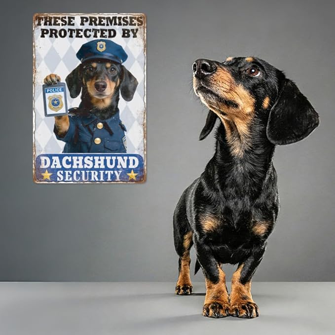 WADORN Dachshund Security Warning Vintage Sign, 8x12 Inch These Premises Protected By Dachshund Security Retro Tin Sign Dog Patrolled Property Decor for Home Outdoor Coffee Shop Traffic Road Garden