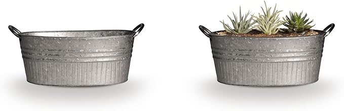 Headwind Decorative Planter - Oval Galvanized Tubs Planter with Handles – 24 Inch Lightweight Steel Indoor Oval Plant Pot with Drainage Holes – Large Galvanized Tub Flower Bucket – Outdoor Planter