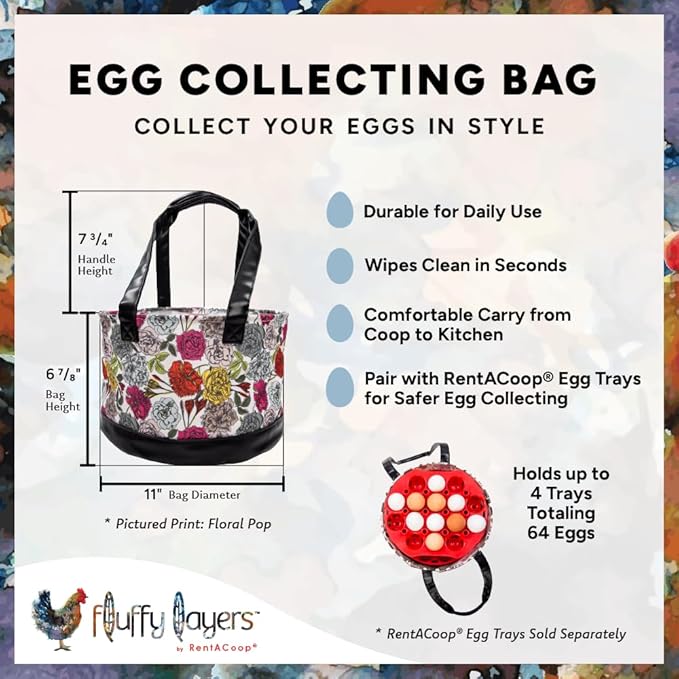 Fluffy Layers by RentACoop Egg Collecting Bag – Durable Coated Canvas and Easy-to-Clean Bottom & Handles – Reusable Farm Egg Basket (Haute Coopture)