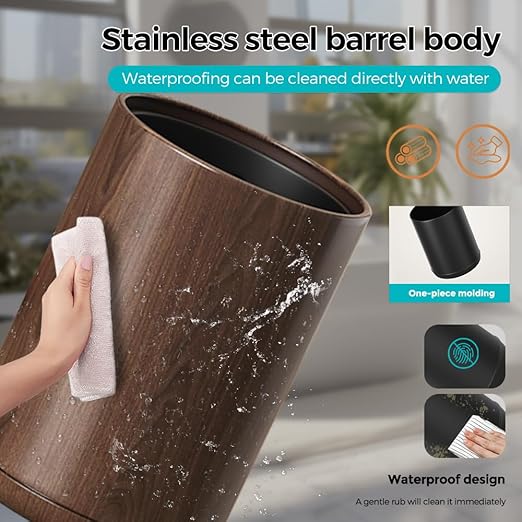 2.1 Gallon Metal Imitation Wood Grain Bathroom Trash Can, Modern, Open Top Wastebasket, Small Garbage Can for Under Desk Kitchen Home Office Bedroom (Round)