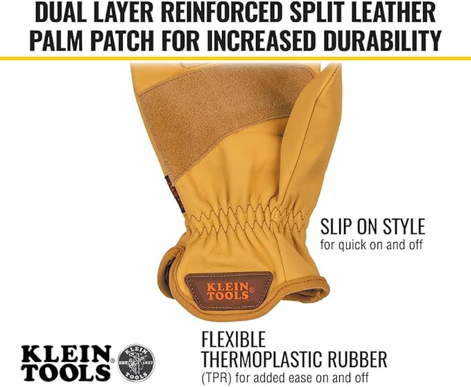KLEIN TOOLS 60603 Work Gloves, Premium Cowhide Leather Gloves, Abrasion-Resistant Split Leather Palm Patch, Medium