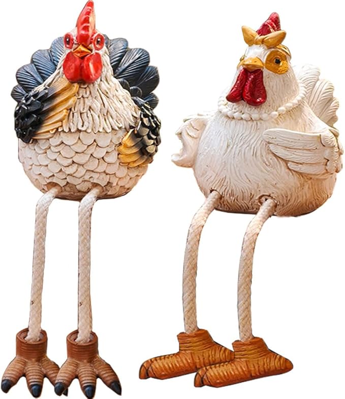 Funny Shelf Sitting Chicken Figurines – Farmhouse Rooster & Hen Statues with Dangling Legs – Rustic Tabletop Home Decor, Kitchen, Garden Ornaments (Set of 2)