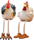 Funny Shelf Sitting Chicken Figurines – Farmhouse Rooster & Hen Statues with Dangling Legs – Rustic Tabletop Home Decor, Kitchen, Garden Ornaments (Set of 2)