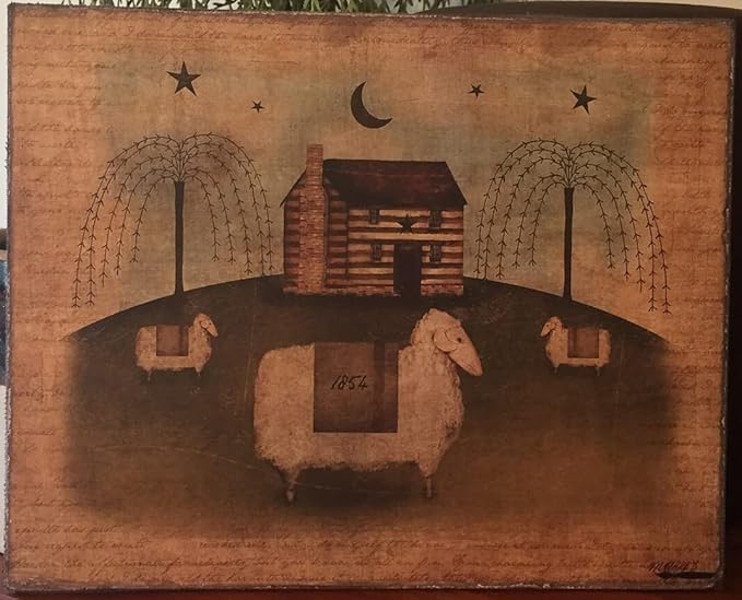 Primitive Folk Art Sheep, Log Cabin, Willow Trees 1854 Print Retro Metal Tin Sign Vintage Sign for Home Coffee Wall Decor 6x8 Inch