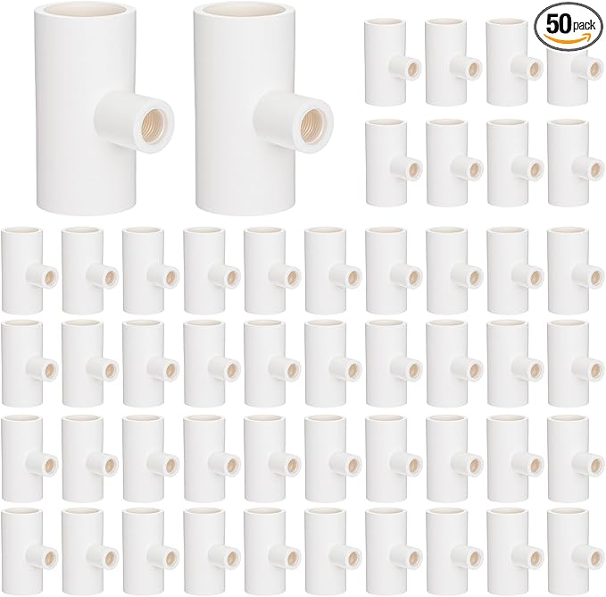 50 Pack PVC Tee Fittings for Chicken Waterer - Threaded Connectors for Poultry Nipples, Automatic Chicken Water Drinker Cups and Feeder Systems, Durable & Leak-Proof (White)