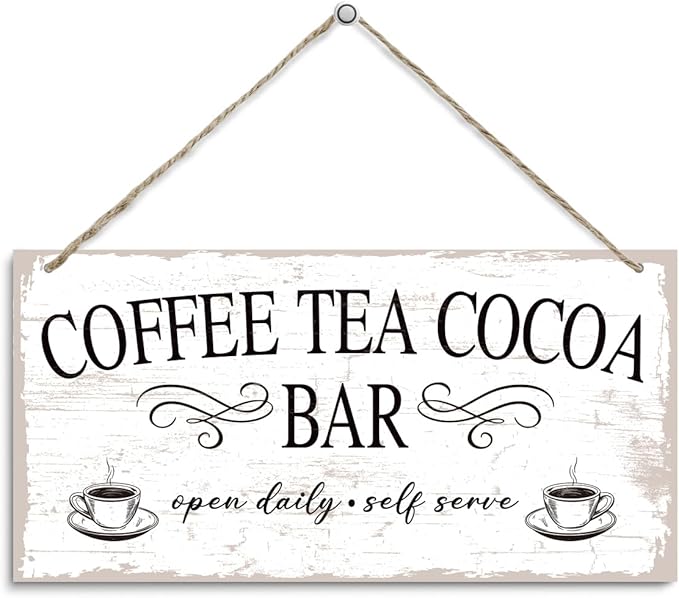 Coffee Tea Cocoa Bar decor Sign, Coffee Tea Cocoa Bar Open DAily Self Serve Hanging Sign, Vintage Kitchen Decor, Cafe Decoration with Rope Hanging 12 x 6 Inches