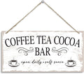 Coffee Tea Cocoa Bar decor Sign, Coffee Tea Cocoa Bar Open DAily Self Serve Hanging Sign, Vintage Kitchen Decor, Cafe Decoration with Rope Hanging 12 x 6 Inches