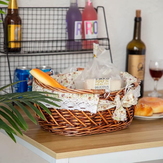 YRJJ Wicker Picnic Basket with Handles & Liner Oval Empty Gift Basket Willow Woven Easter Eggs & Candy Storage Basket Fruit Serving Basket Kids Blanket Toy Organizer, 1