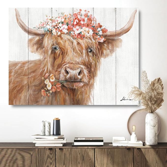 Yidepot Highland Cow Decor for Farmhouse: Retro Scottish Calf pictures hold Flowers Inspirational Quote Canvas Wall Art for boy's bedroom Kitchen Framed Ready to Hang Size 32"x24"