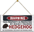 Warning Signs, The Property is Protected By Highly Trained Hedgehog Sign, Decorative Wood Hanging Wood Plaque, Hedgehog Decor, Wooden Decoration for Yard Street Garden Garage Outdoor Home