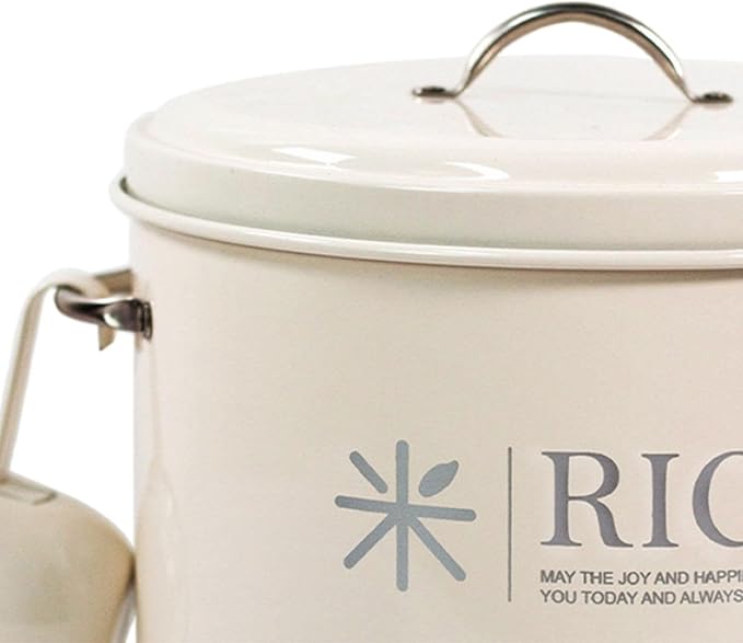 Sealed Food Storage Bin, Iron Rice Container and Measuring Spoon Metal Rice Storage Box Round Rice Canister for Pet Food Home, Style A