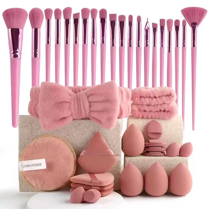 40 PCS Professional Makeup Brush Tools Set, Cosmetic Brush Sponge, Puff, Headband, Brush Cleaning Bow Set, Facial Makeup, Cleaning Accessories, Makeup Products, Valentine Day Item (Purple&Pink-40PCS)