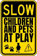 Vintage Metal Sign SLOW CHILDREN AND PETS AT PLAY Tin Sign Retro Wall Decor For Home Coffee Bar Funny Aluminum Sign 8x12 inch
