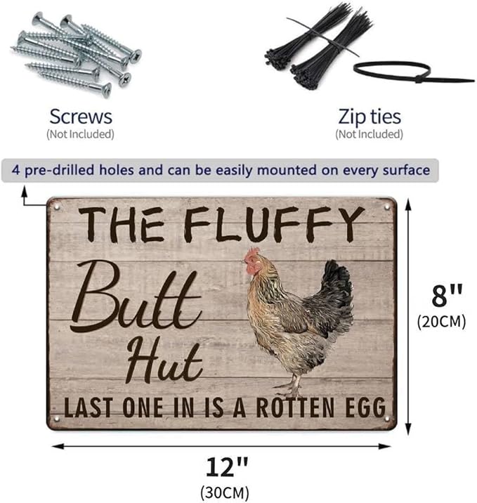 YOYI ART Funny Chicken Coop Signs for Outside - The Fluffy Butt Hut, Metal Tin Sign Vintage for Chicken Coop, Outdoor, Farmhouse Wall Decor Art Accessories, Chicken Gifts for Women, 8 x 12 inch