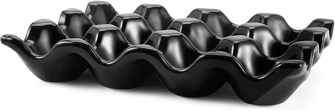 Flexzion 12 Cup Ceramic Egg Tray - Whole Dozen Porcelain Egg Holder Container Storage Organizer Decorative Serving Stand Serveware for Refrigerator Countertop