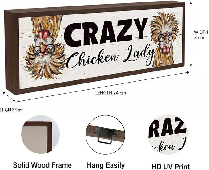 Funny Chicken Decors, Crazy Chicken Lady Sign, Hens Rooster Farm Decor, Chick Coop Sign, Rustic Framed Wooden Plaque, Farmhouse Home Decor 9.5x3.1x1 inches