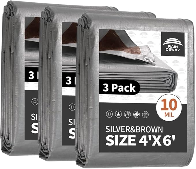 RAINDEWAY Tarps Heavy Duty Waterproof 4x6 Feet(3 Pack),10Mil Thick Multipurpose Poly Small Tarp Cover with Metal Grommets and Reinforced Edges,Silver/Brown Tarp