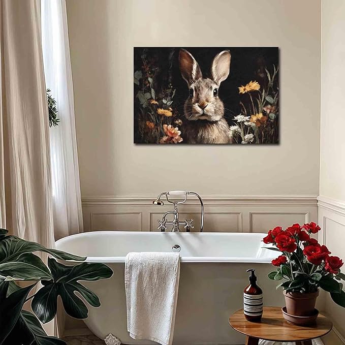 MNFGMH Easter Pictures Wall Decor Rustic Spring Rabbit with Flowers Easter Canvas Print Bunny Wall Art for Home Country Decor Wooden Frame 24x36 inch