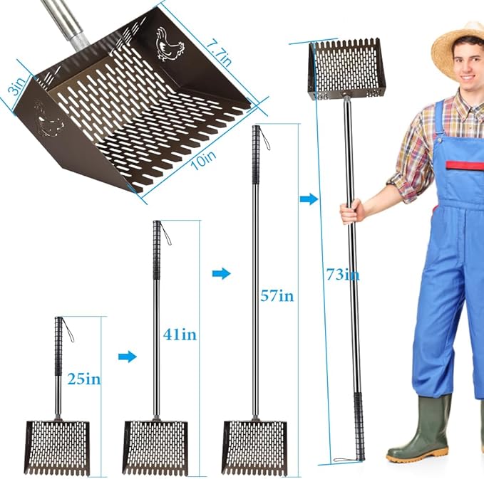 Heavy Duty Chicken Coop Rake and Scoop, 15 Inch Extra Large Chicken Coop Rake with Adjustable Stainless Steel Handle (25 to 73 Inch)，Metal Multi-Use Cleaning Shovel for Coops, Beach（Brown）