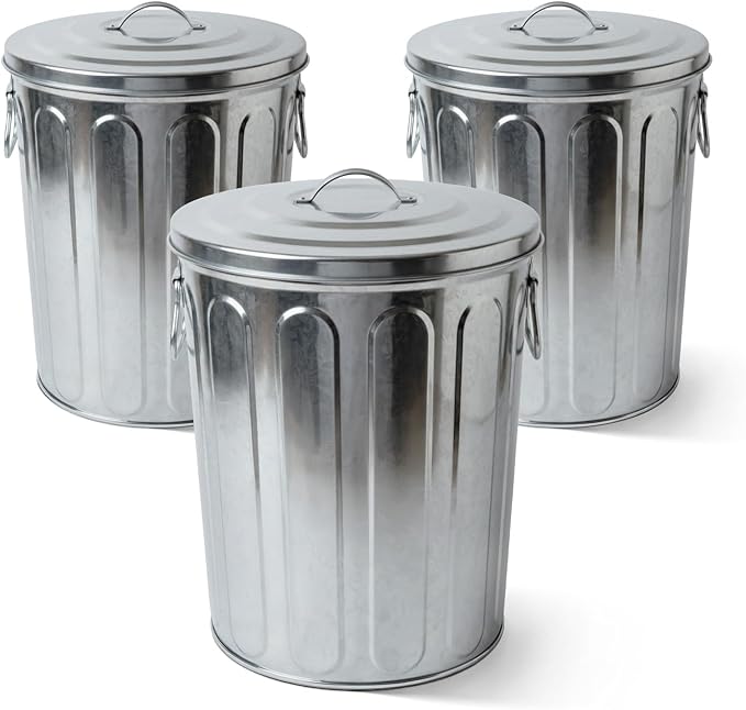 Plexon 5 Gallon Small Metal Trash Can with Lid Outdoor Galvanized Bucket with Lid 5 Gal Fireplace Ash Bucket for Wood Stove Storage Can for Dog Food Bird Seed Storage Container Rodent Pet Proof 3 Pack