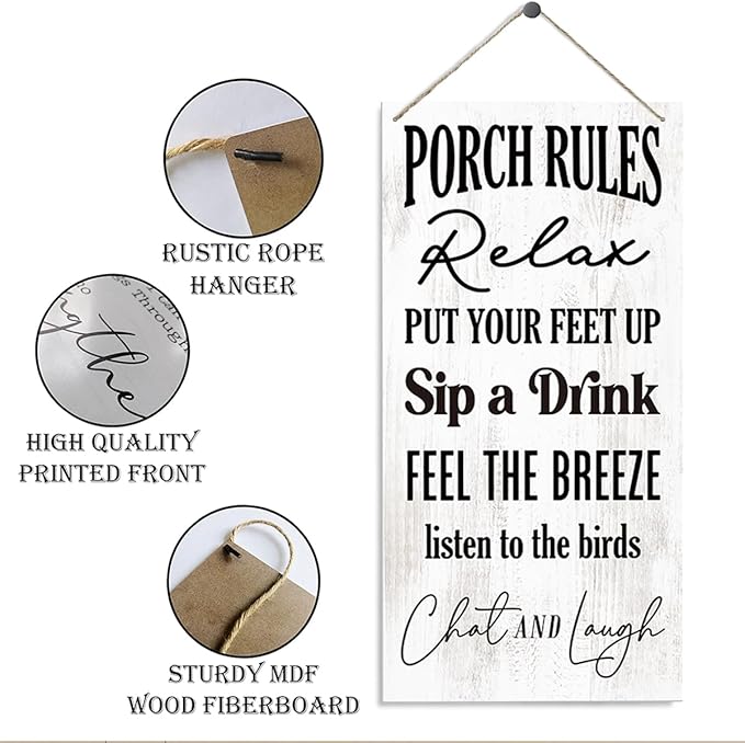 Porch Rules Signs, Positive Porch Decor, Decorative Wood Hanging Wood Plaque, Country Style Home Decoration, Farmhouse Home Decorative, Rustic Hanging Decor for Indoor Outdoor