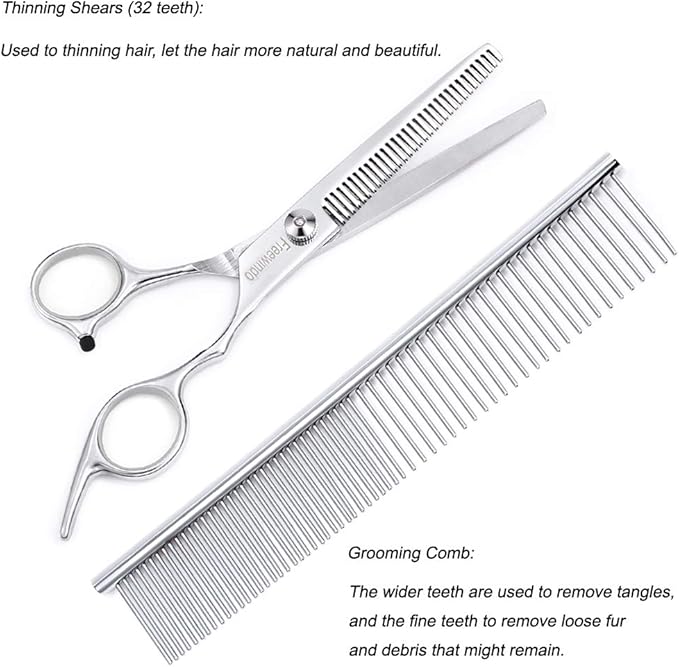 Dog Grooming Scissors Kit - Safety Round Tip, Heavy Duty Stainless Steel Scissors and Nail Clippers for Full Body Grooming